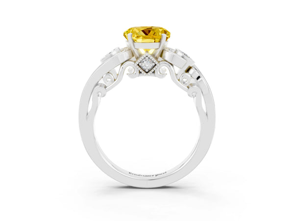Platinum Round Cut Yellow Sapphire Solitaire Ring with Milgrain Pavé Band and Four-Prong Setting
