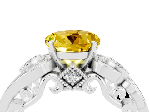 White gold Round Cut Yellow Sapphire Solitaire Ring with Milgrain Pavé Band and Four-Prong Setting_16