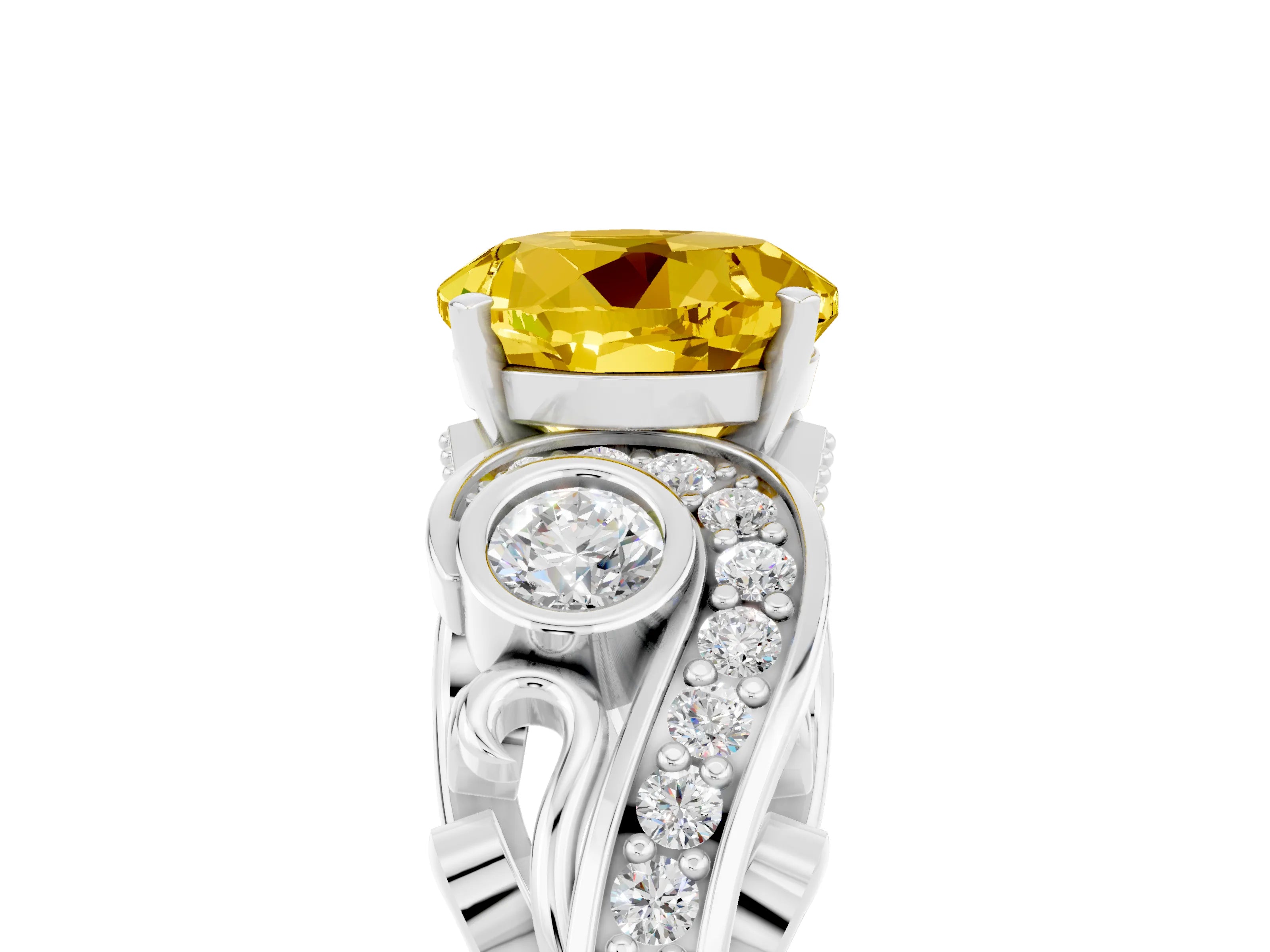 White gold Round Cut Yellow Sapphire Solitaire Ring with Milgrain Pavé Band and Four-Prong Setting_17