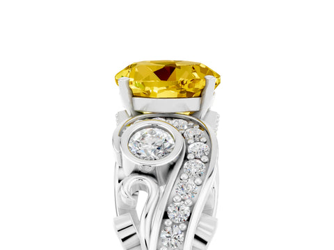 White gold Round Cut Yellow Sapphire Solitaire Ring with Milgrain Pavé Band and Four-Prong Setting_17