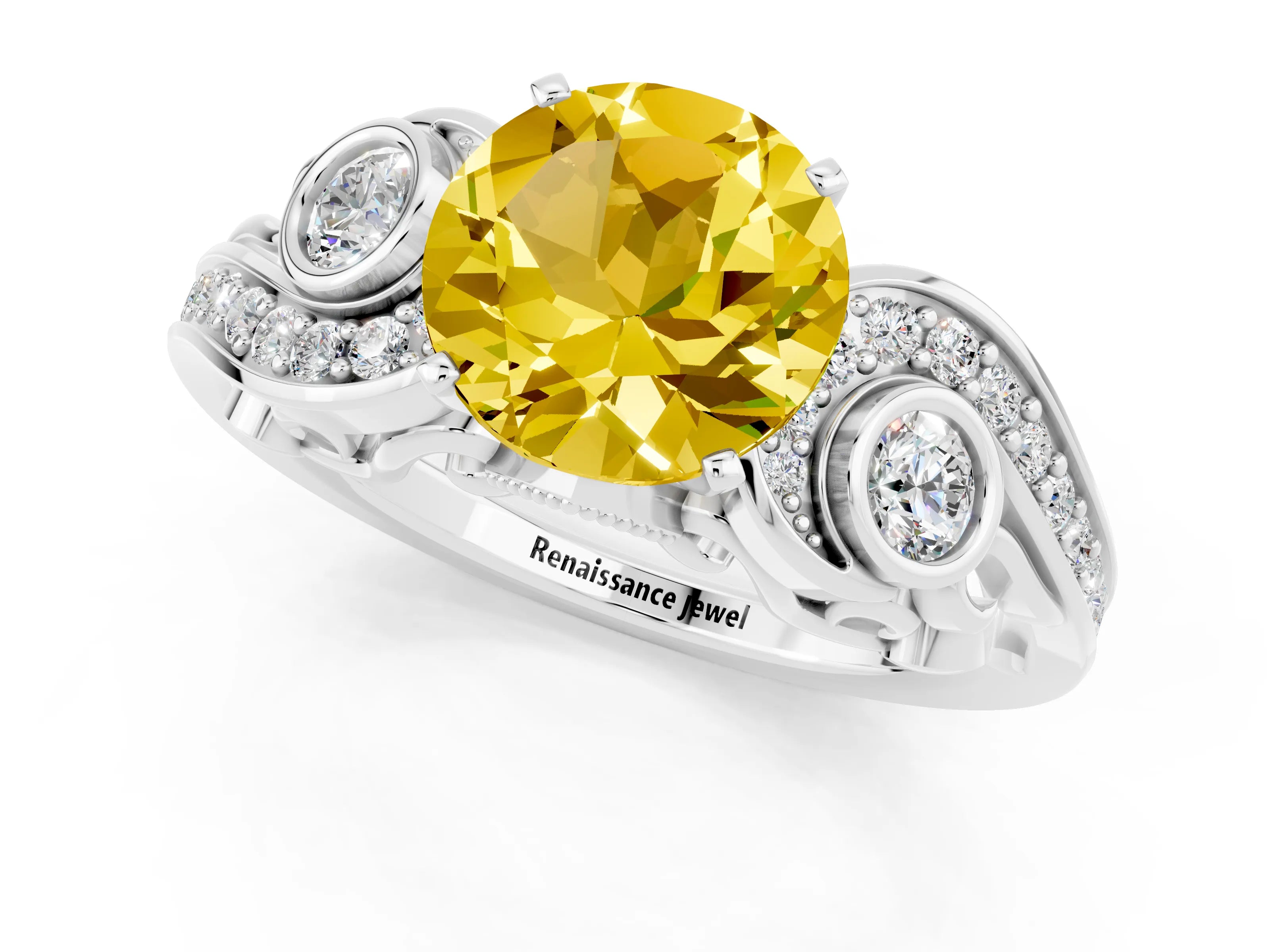 White gold Round Cut Yellow Sapphire Solitaire Ring with Milgrain Pavé Band and Four-Prong Setting_49