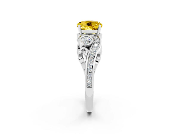 White gold Round Cut Yellow Sapphire Solitaire Ring with Milgrain Pavé Band and Four-Prong Setting