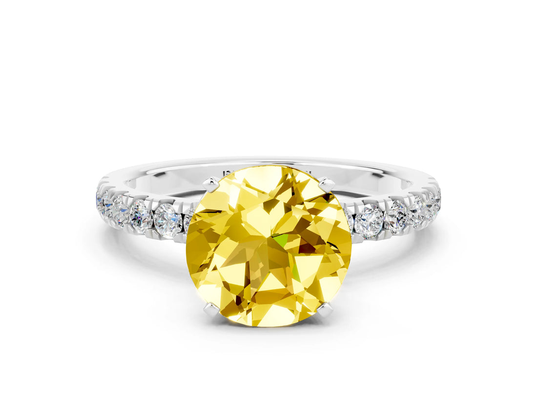 White gold Round Cut Yellow Sapphire Solitaire Ring with Pavé Accents and Four-Prong Setting_24