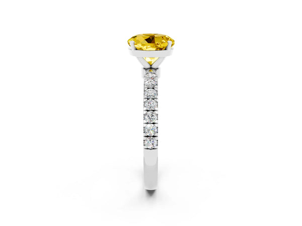 Platinum Round Cut Yellow Sapphire Solitaire Ring with Pavé Accents and Four-Prong Setting