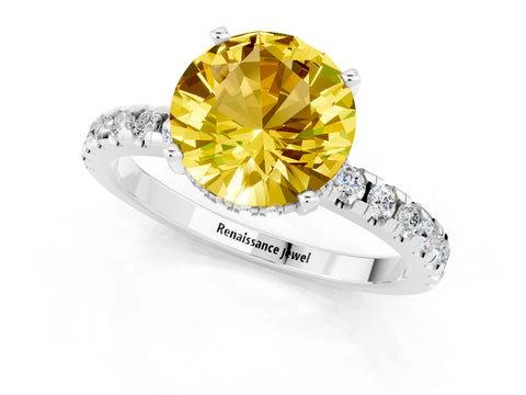 White gold Round Cut Yellow Sapphire Solitaire Ring with Pavé Band and Four-Prong Setting_61