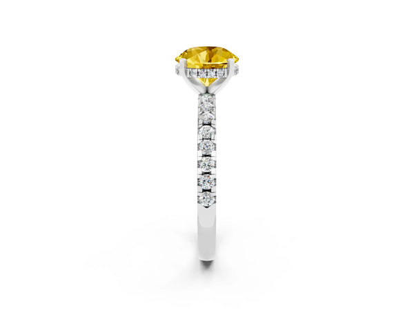 Platinum Round Cut Yellow Sapphire Solitaire Ring with Round  Pavé Band and Four-Prong Setting