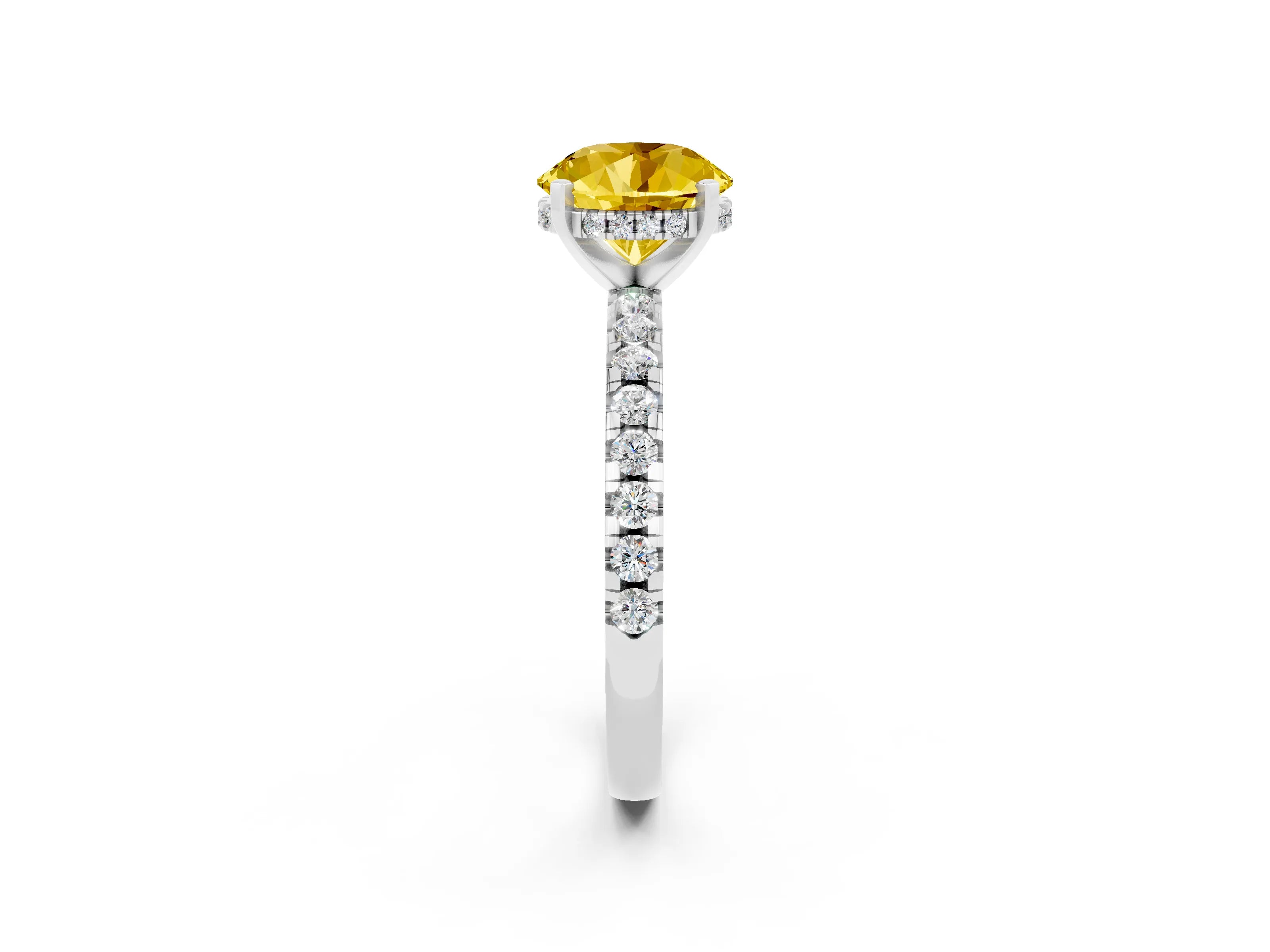 White gold Round Cut Yellow Sapphire Solitaire Ring with Pavé Band and Four-Prong Setting_62