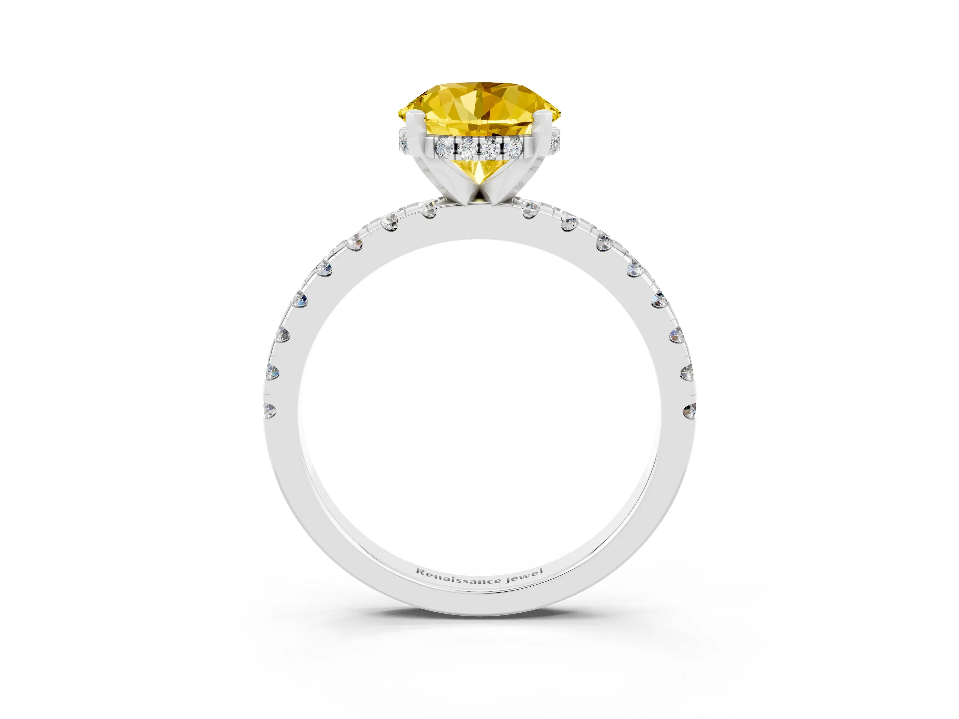 White gold Round Cut Yellow Sapphire Solitaire Ring with Pavé Band and Four-Prong Setting_63