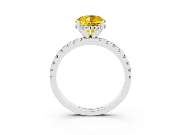 White gold Round Cut Yellow Sapphire Solitaire Ring with Round  Pavé Band and Four-Prong Setting