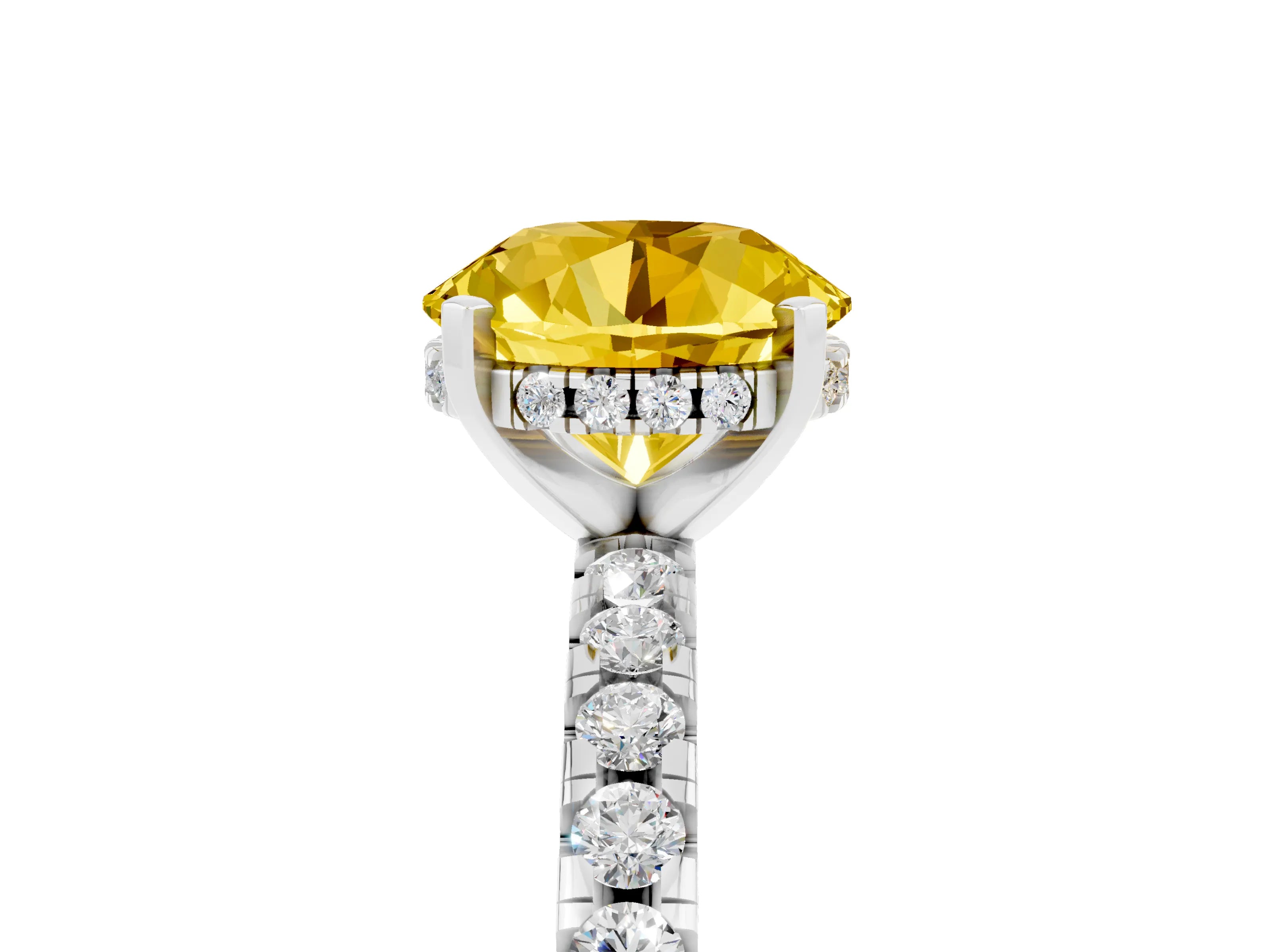White gold Round Cut Yellow Sapphire Solitaire Ring with Pavé Band and Four-Prong Setting_65