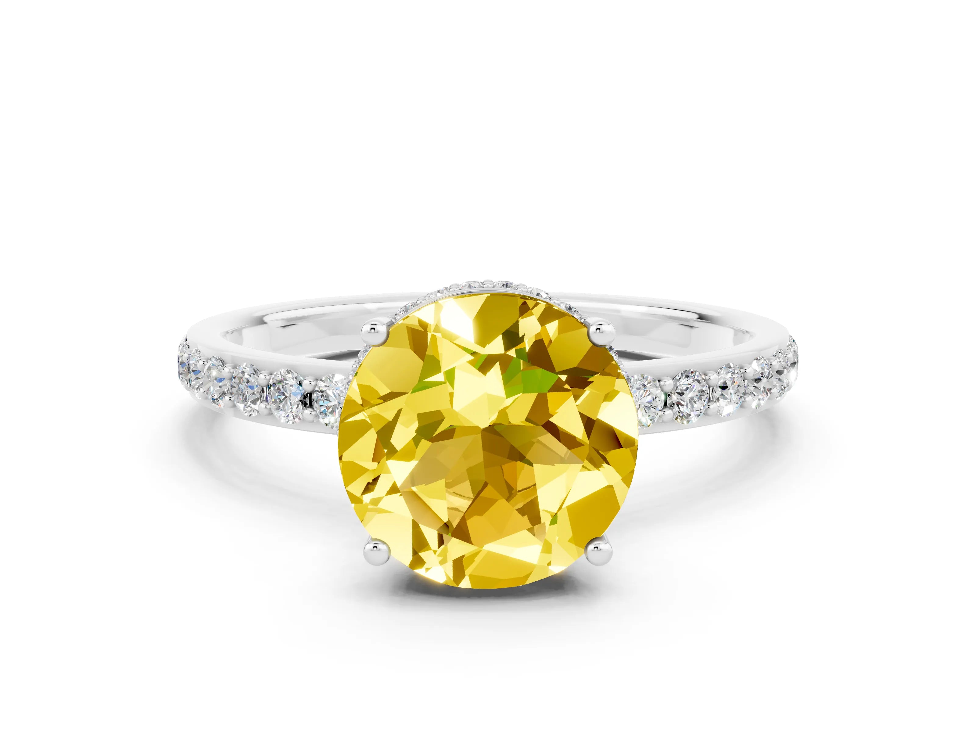 White gold Round Cut Yellow Sapphire Solitaire Ring with Pavé Band and Hidden Halo
