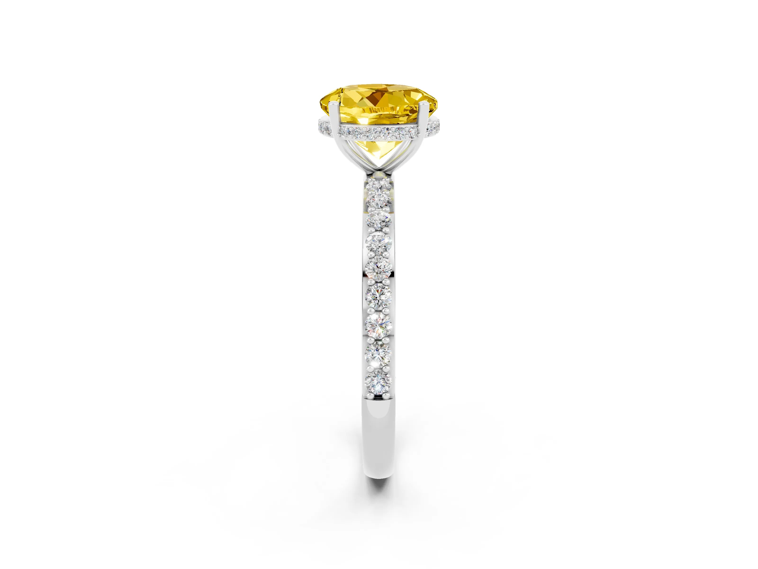 White gold Round Cut Yellow Sapphire Solitaire Ring with Pavé Band and Hidden Halo_2