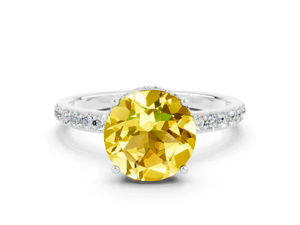 White gold Round Cut Yellow Sapphire Solitaire Ring with Pavé Band and Hidden Halo