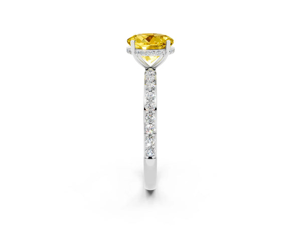 White gold Round Cut Yellow Sapphire Solitaire Ring with Pavé Band and Hidden Halo