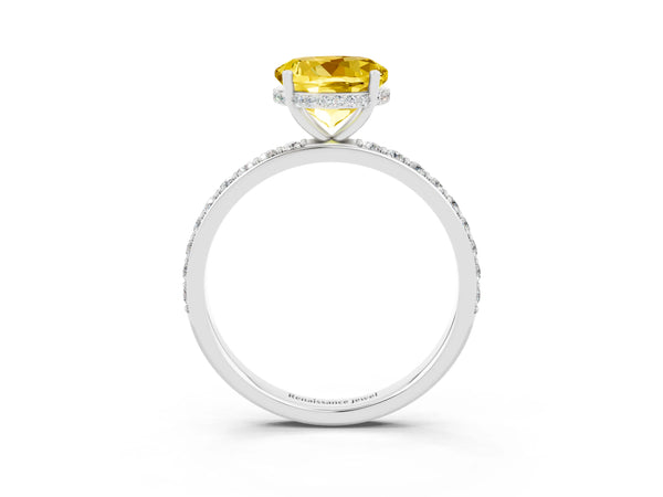 Silver Round Cut Yellow Sapphire Solitaire Ring with Pavé Band and Hidden Halo
