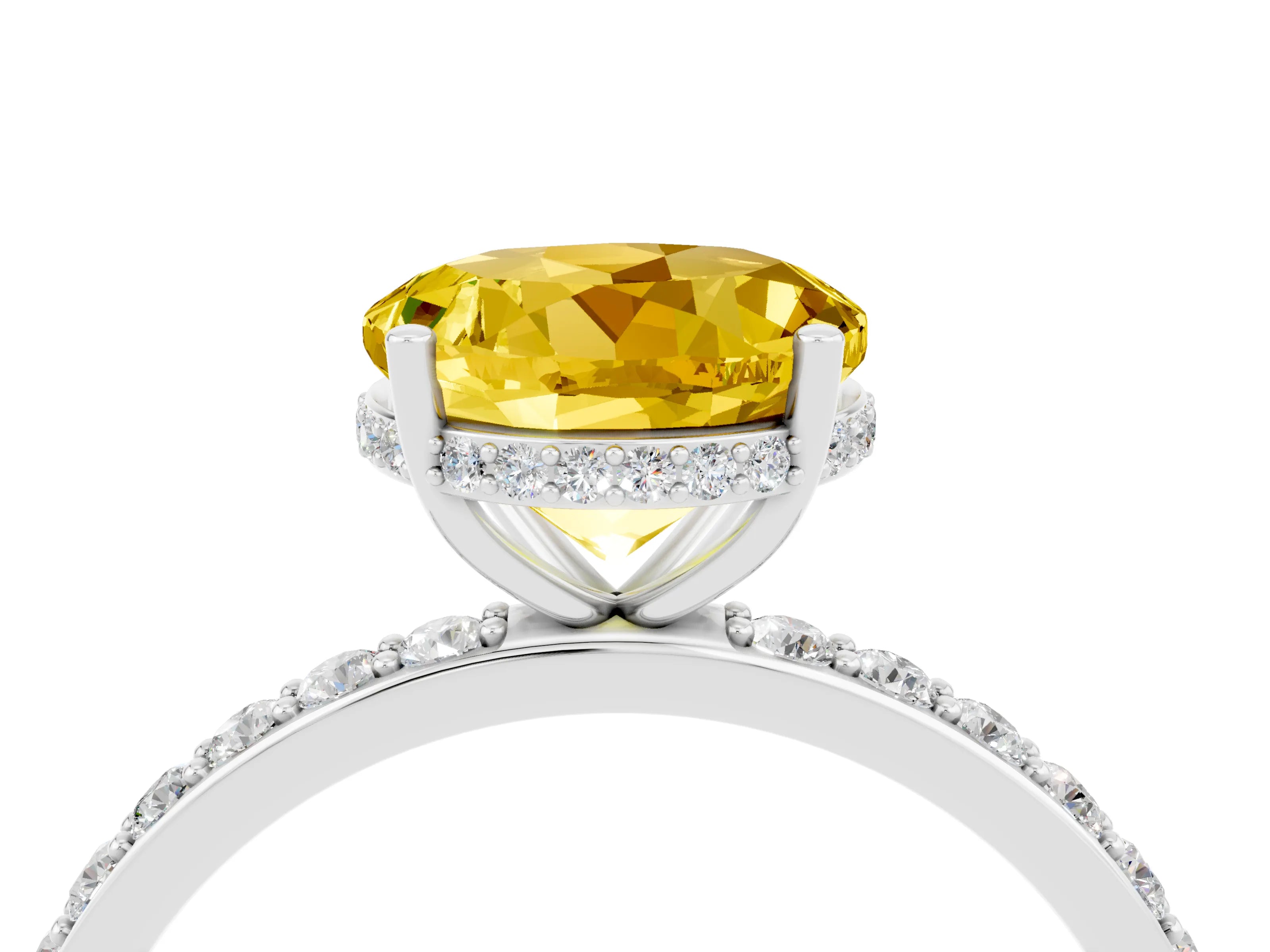White gold Round Cut Yellow Sapphire Solitaire Ring with Pavé Band and Hidden Halo_4