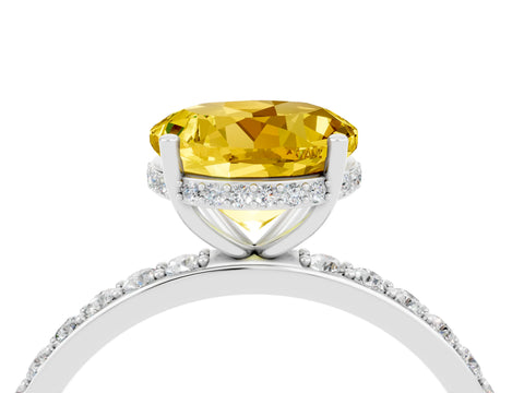 White gold Round Cut Yellow Sapphire Solitaire Ring with Pavé Band and Hidden Halo_4