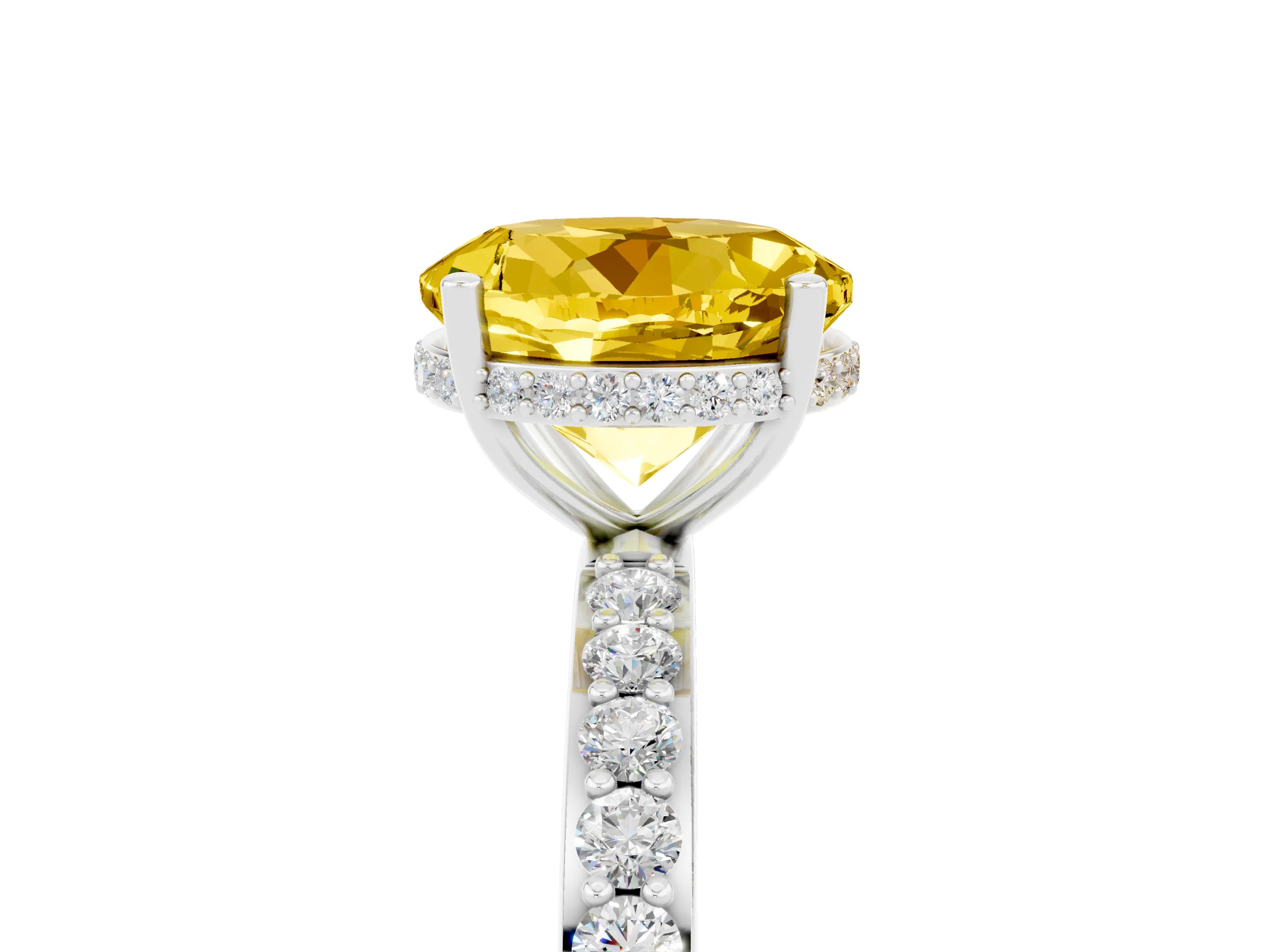 White gold Round Cut Yellow Sapphire Solitaire Ring with Pavé Band and Hidden Halo_5