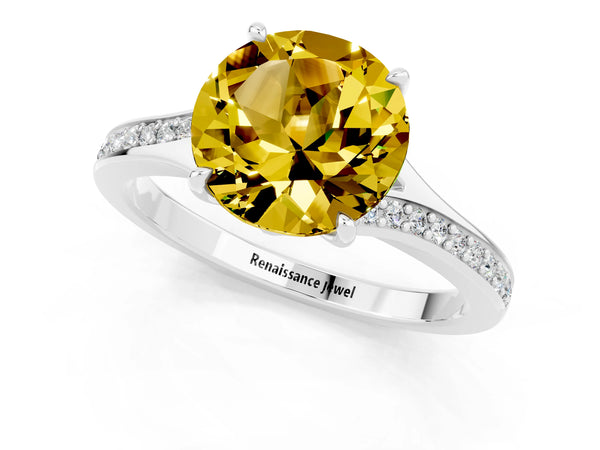 White gold Round Cut Yellow Sapphire Solitaire Ring with Pavé Band and Prong Setting