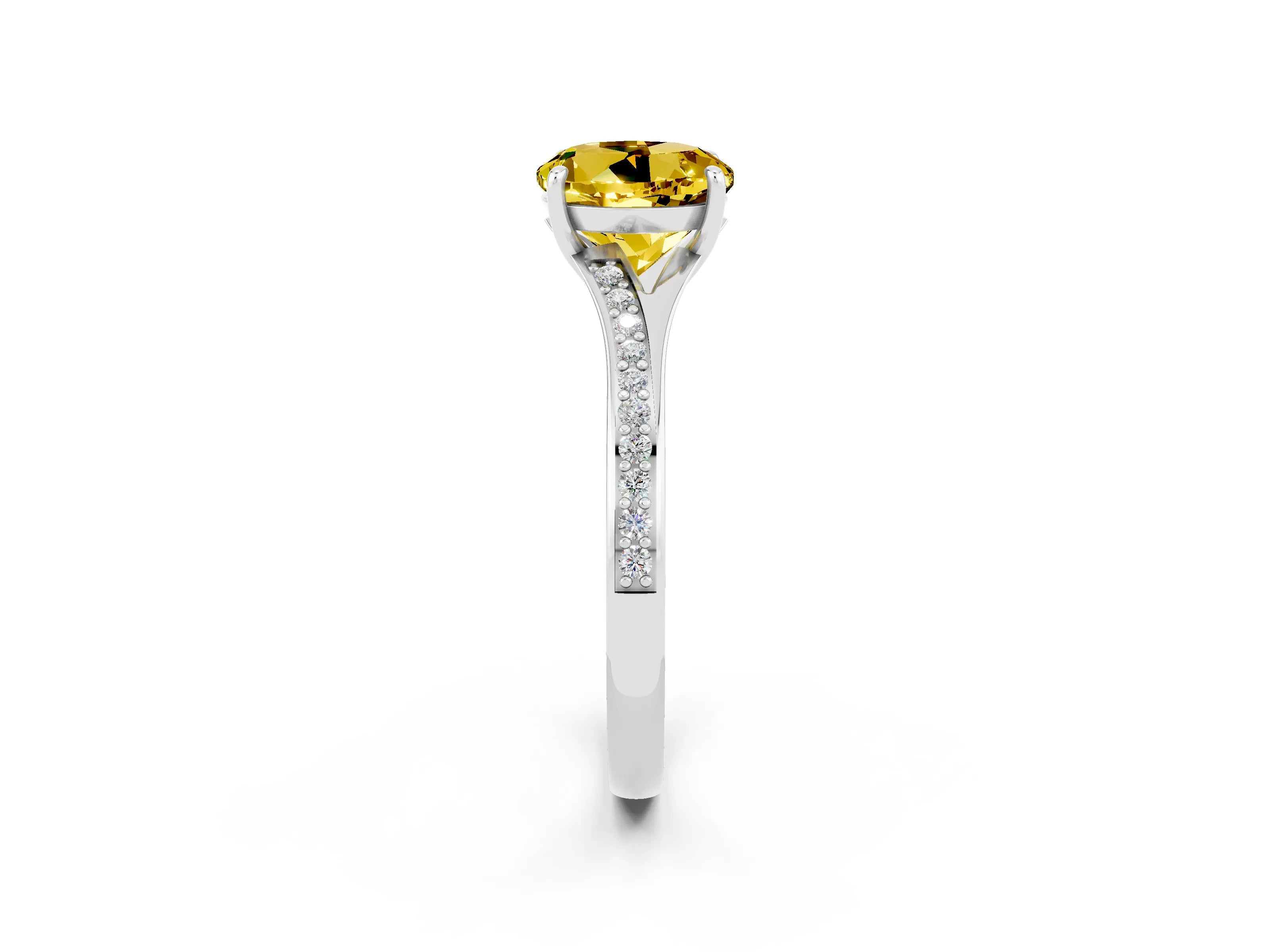 White gold Round Cut Yellow Sapphire Solitaire Ring with Pavé Band and Prong Setting_2