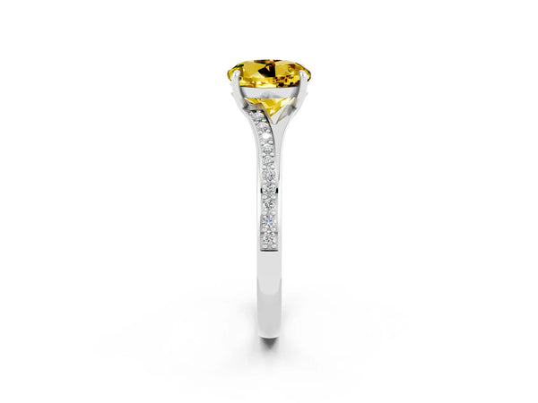 White gold Round Cut Yellow Sapphire Solitaire Ring with Pavé Band and Prong Setting