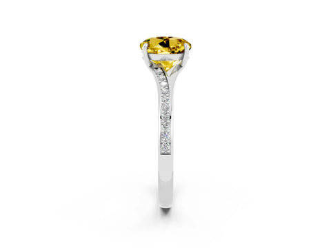 White gold Round Cut Yellow Sapphire Solitaire Ring with Pavé Band and Prong Setting_2
