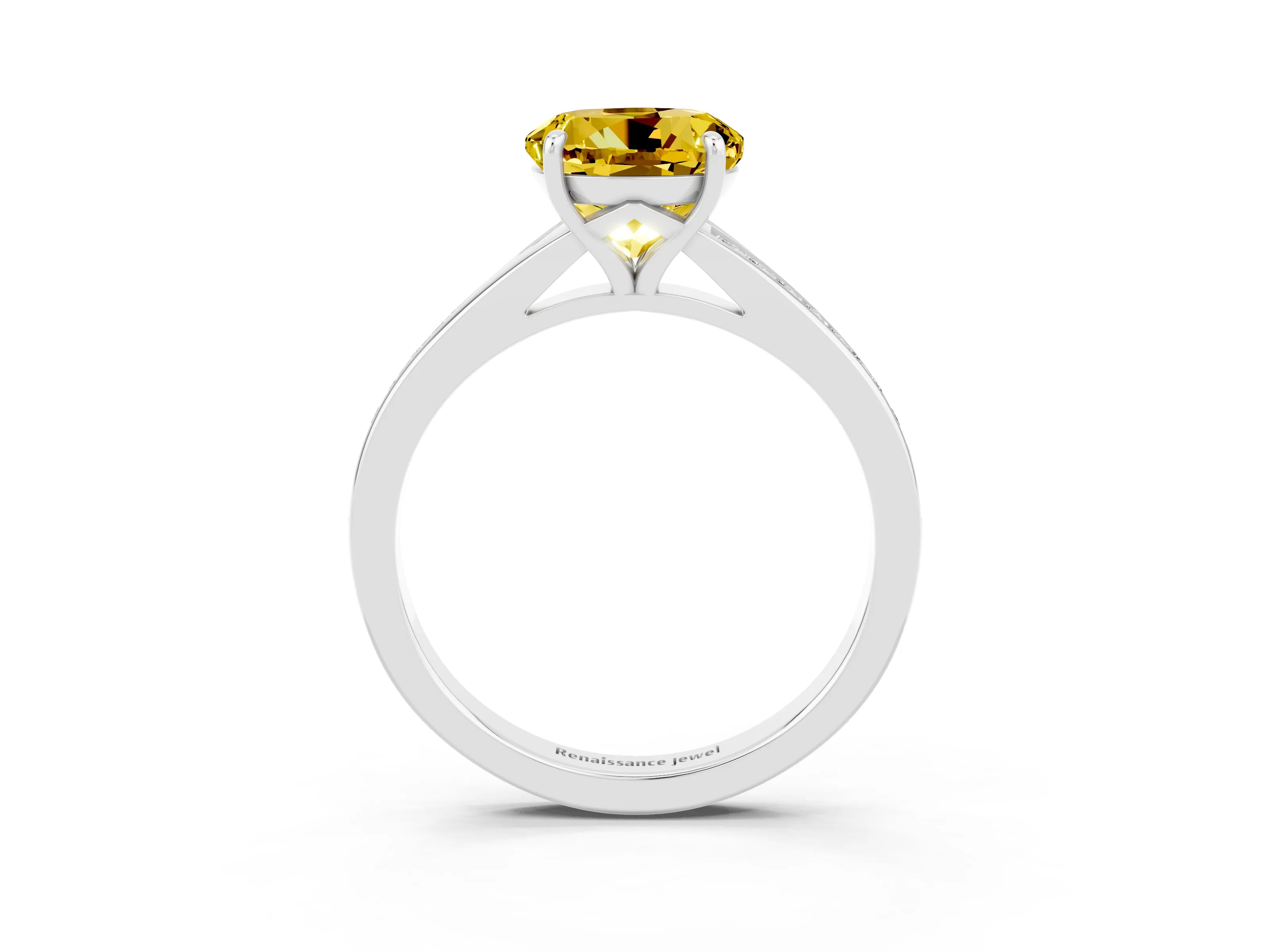 White gold Round Cut Yellow Sapphire Solitaire Ring with Pavé Band and Prong Setting_3