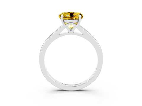 White gold Round Cut Yellow Sapphire Solitaire Ring with Pavé Band and Prong Setting_3