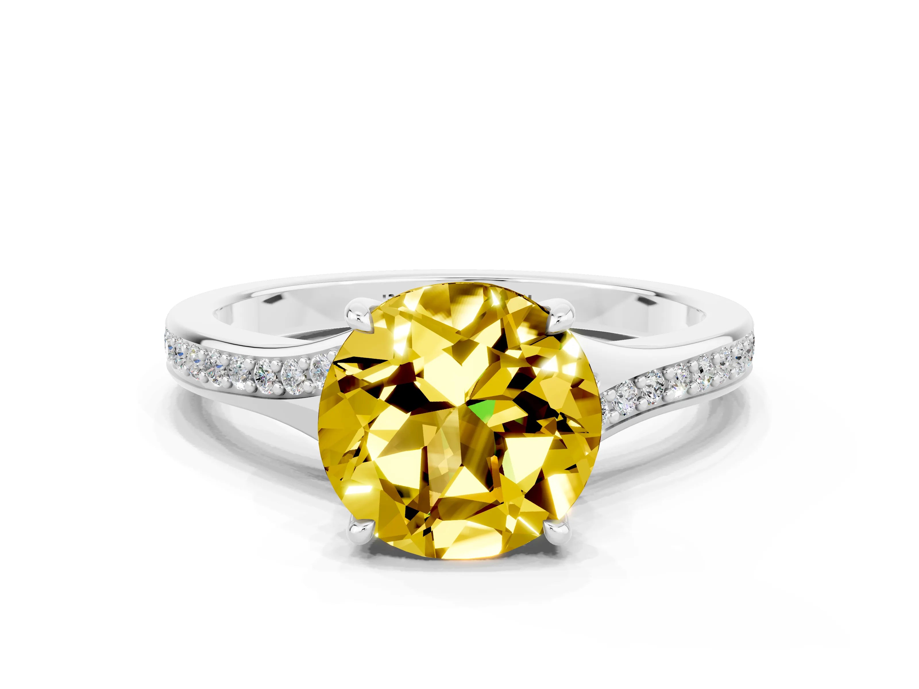 White gold Round Cut Yellow Sapphire Solitaire Ring with Pavé Band and Prong Setting