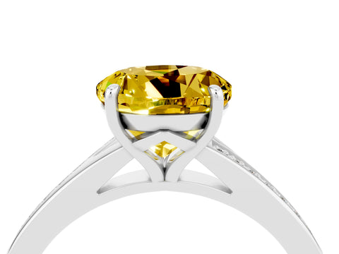 White gold Round Cut Yellow Sapphire Solitaire Ring with Pavé Band and Prong Setting_4