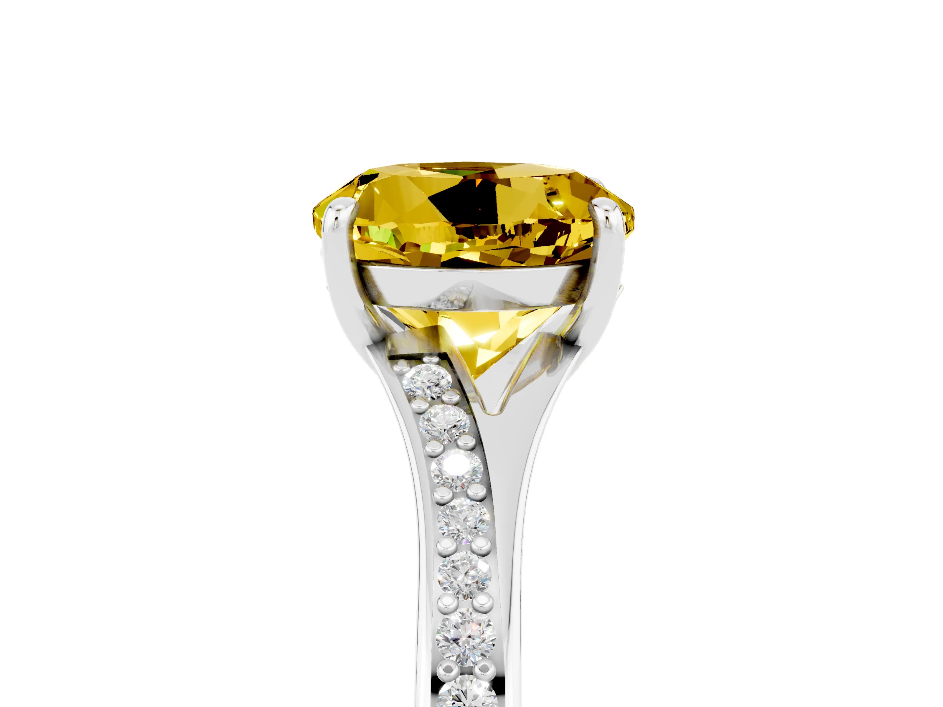 White gold Round Cut Yellow Sapphire Solitaire Ring with Pavé Band and Prong Setting_5