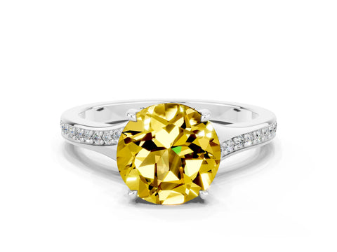 White gold Round Cut Yellow Sapphire Solitaire Ring with Pavé Band and Prong Setting