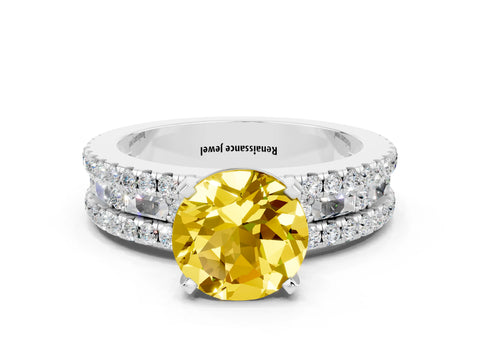White gold Round Cut Yellow Sapphire Solitaire Ring with Pavé and Channel Set Band_24