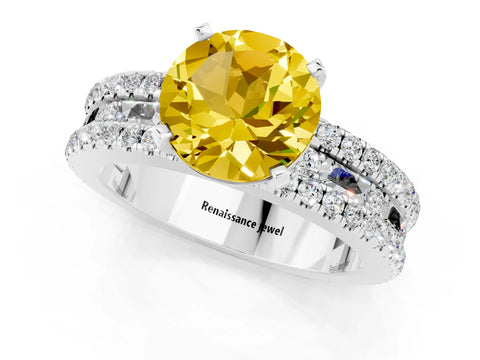 White gold Round Cut Yellow Sapphire Solitaire Ring with Pavé and Channel Set Band_25