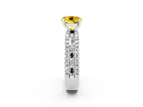 White gold Round Cut Yellow Sapphire Solitaire Ring with Pavé and Channel Set Band
