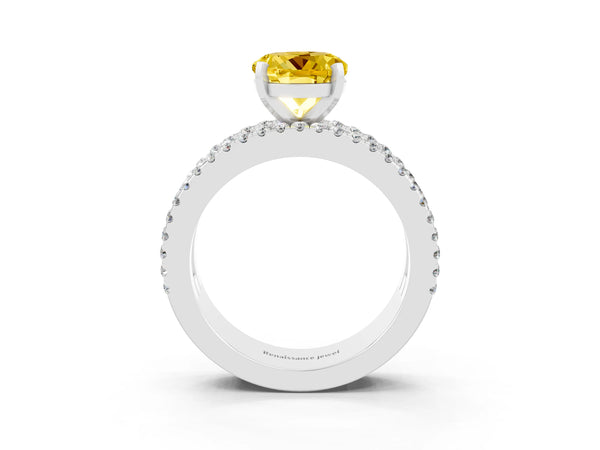 Platinum Round Cut Yellow Sapphire Solitaire Ring with Pavé and Channel Set Band