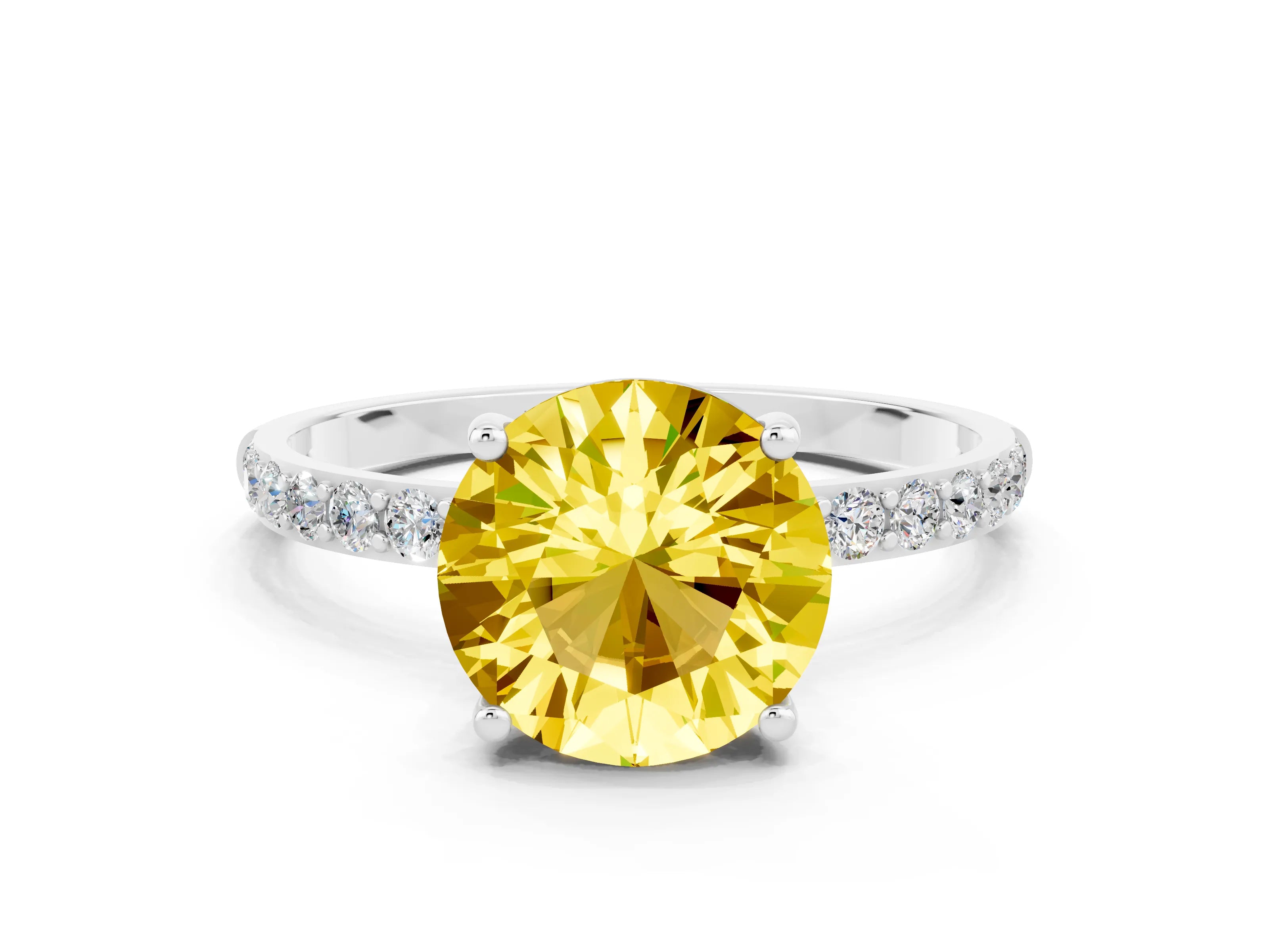 White gold Round Cut Yellow Sapphire Solitaire Ring with Pave Band and Four Prong Setting_12