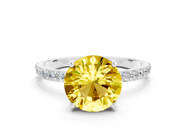 Silver Round Cut Yellow Sapphire Solitaire Ring with Round  Pavé Band and Prong Setting