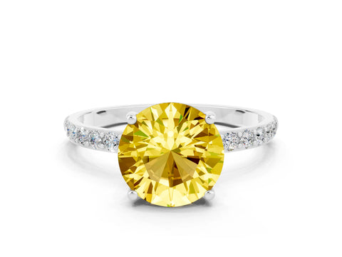 White gold Round Cut Yellow Sapphire Solitaire Ring with Pave Band and Four Prong Setting_12