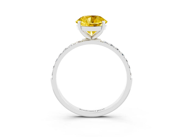 Platinum Round Cut Yellow Sapphire Solitaire Ring with Round  Pavé Band and Prong Setting