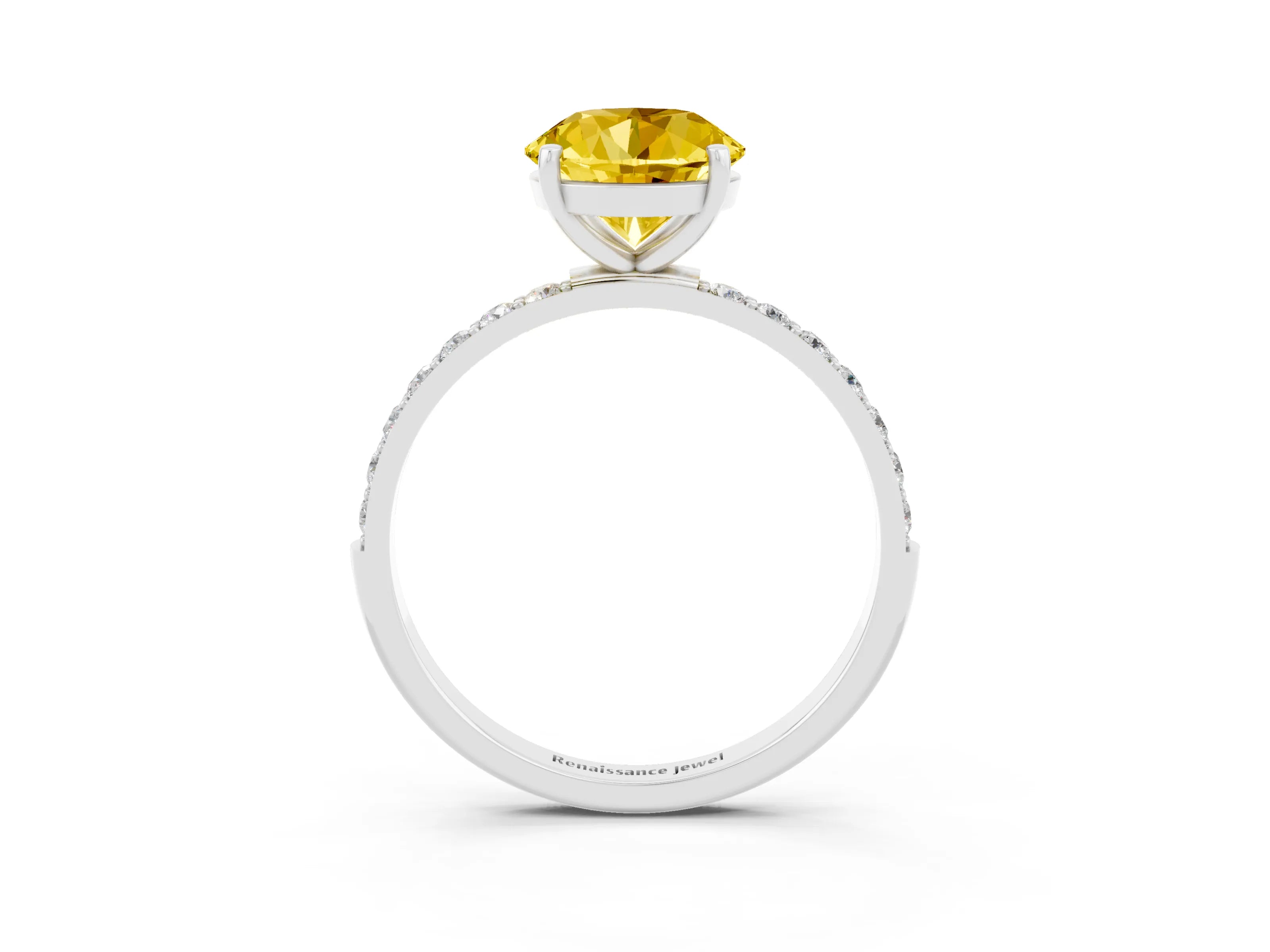 White gold Round Cut Yellow Sapphire Solitaire Ring with Pave Band and Four Prong Setting_15