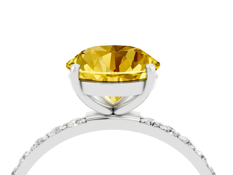 White gold Round Cut Yellow Sapphire Solitaire Ring with Pave Band and Four Prong Setting_16