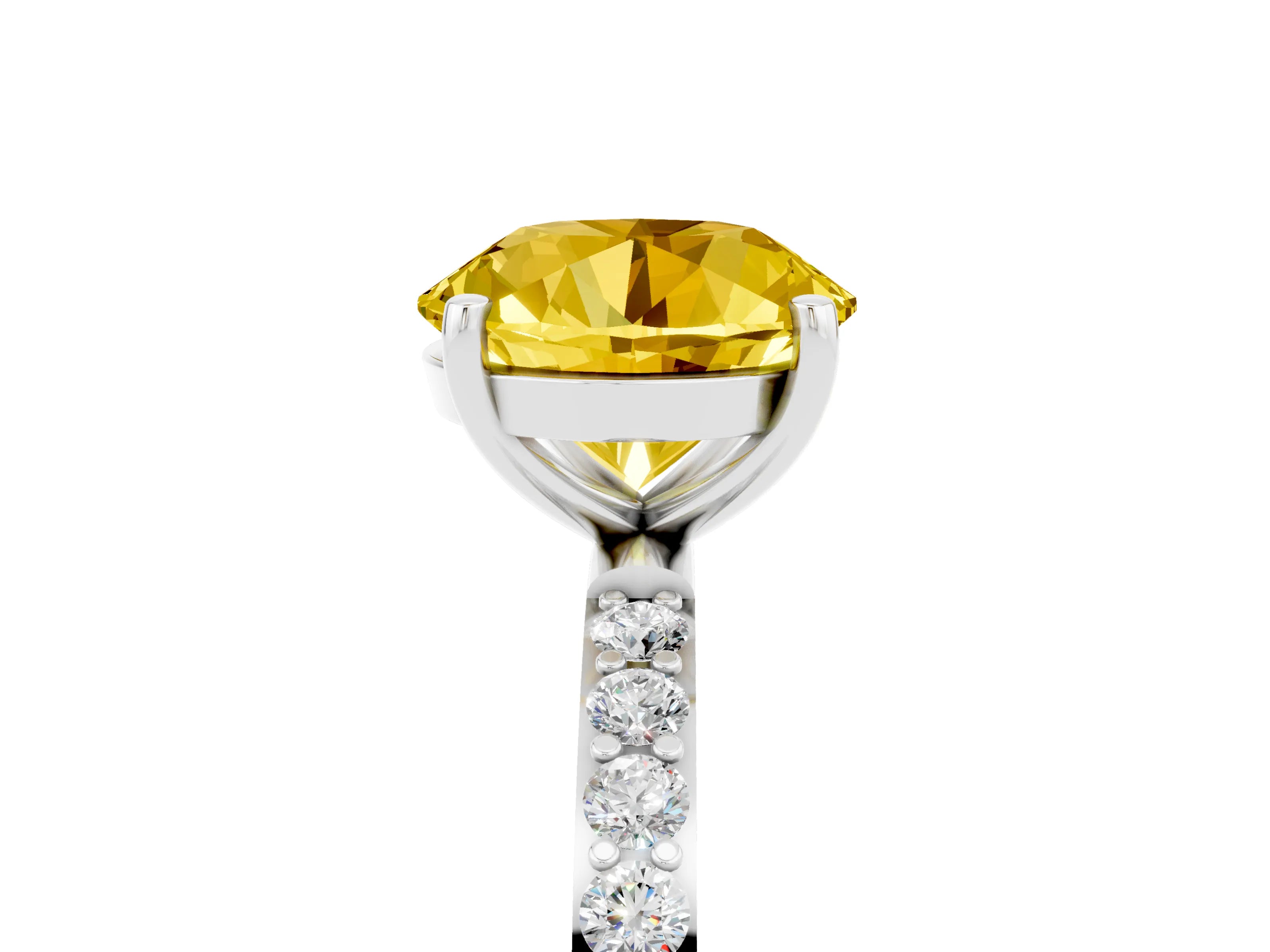 White gold Round Cut Yellow Sapphire Solitaire Ring with Pave Band and Four Prong Setting_17