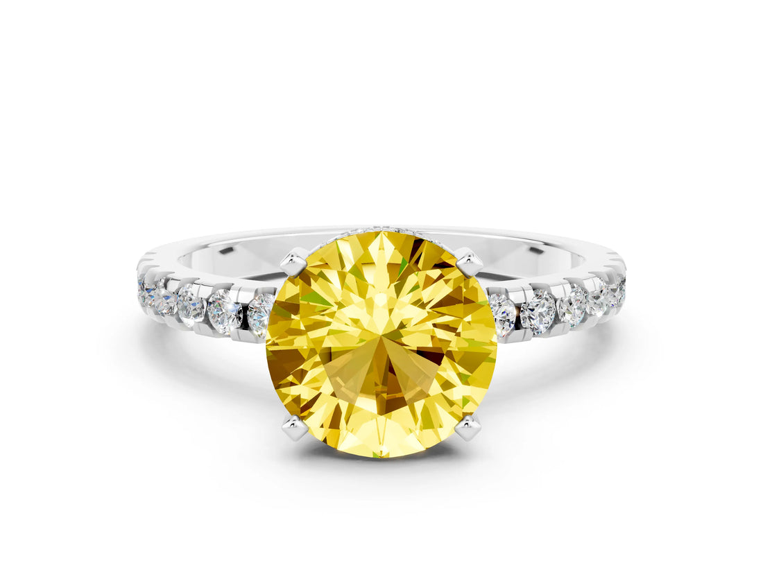 White gold Round Cut Yellow Sapphire Solitaire Ring with Round  Pavé Band and Four-Prong Setting_48