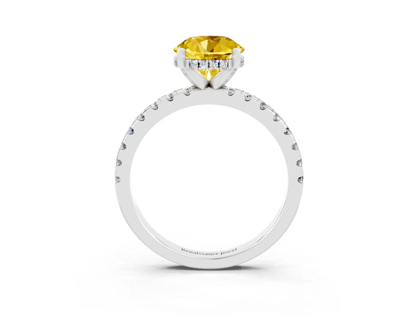 White gold Round Cut Yellow Sapphire Solitaire Ring with Round Pavé Band and Four-Prong Setting