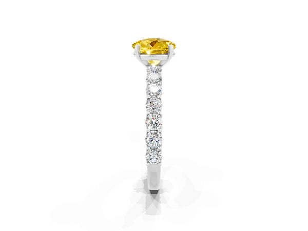 Platinum Round Cut Yellow Sapphire Solitaire Ring with Shared Prong Pavé Band and Four-Prong Setting