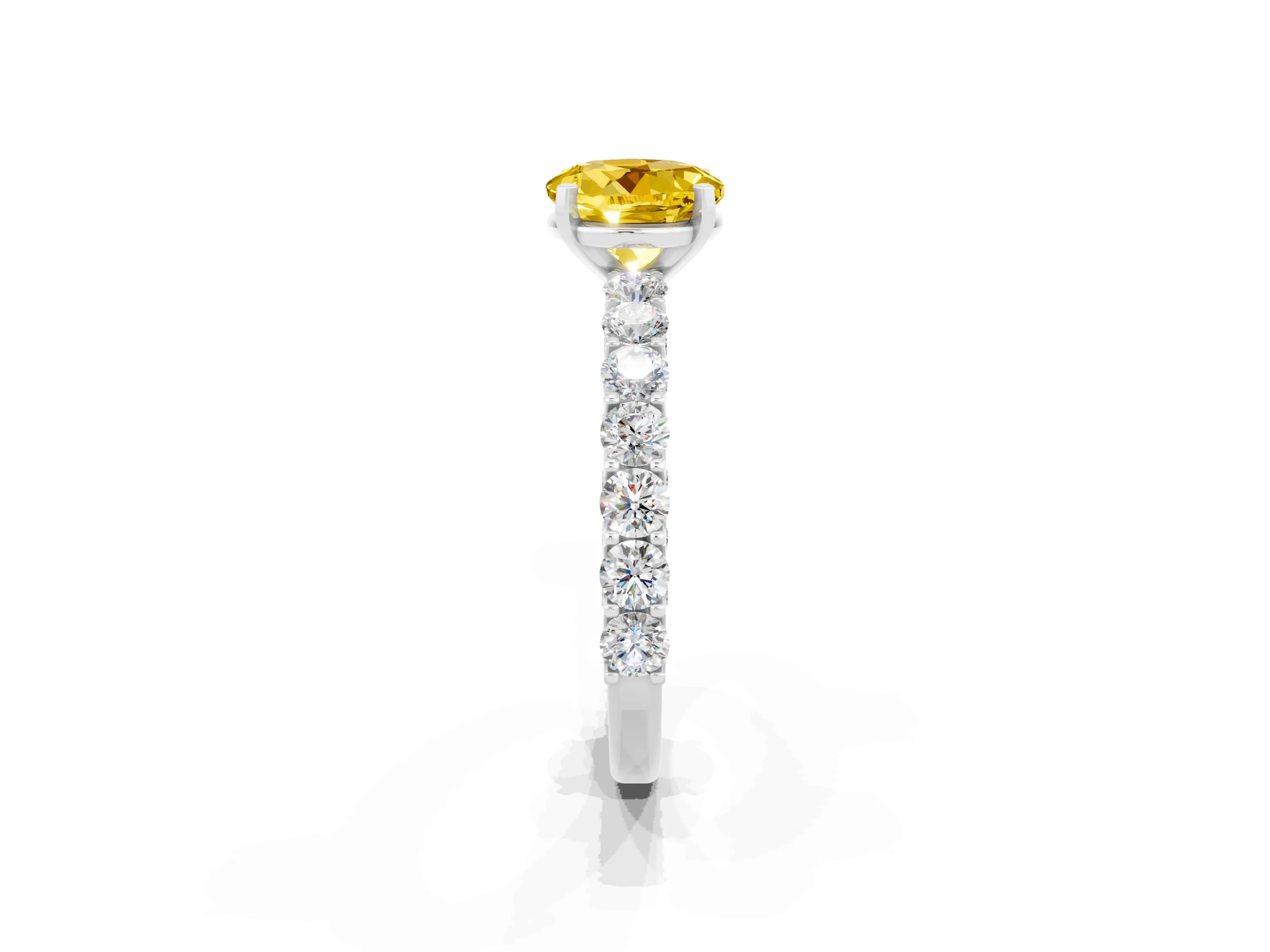 White gold Round Cut Yellow Sapphire Solitaire Ring with Shared Prong Pavé Band and Four-Prong Setting_1