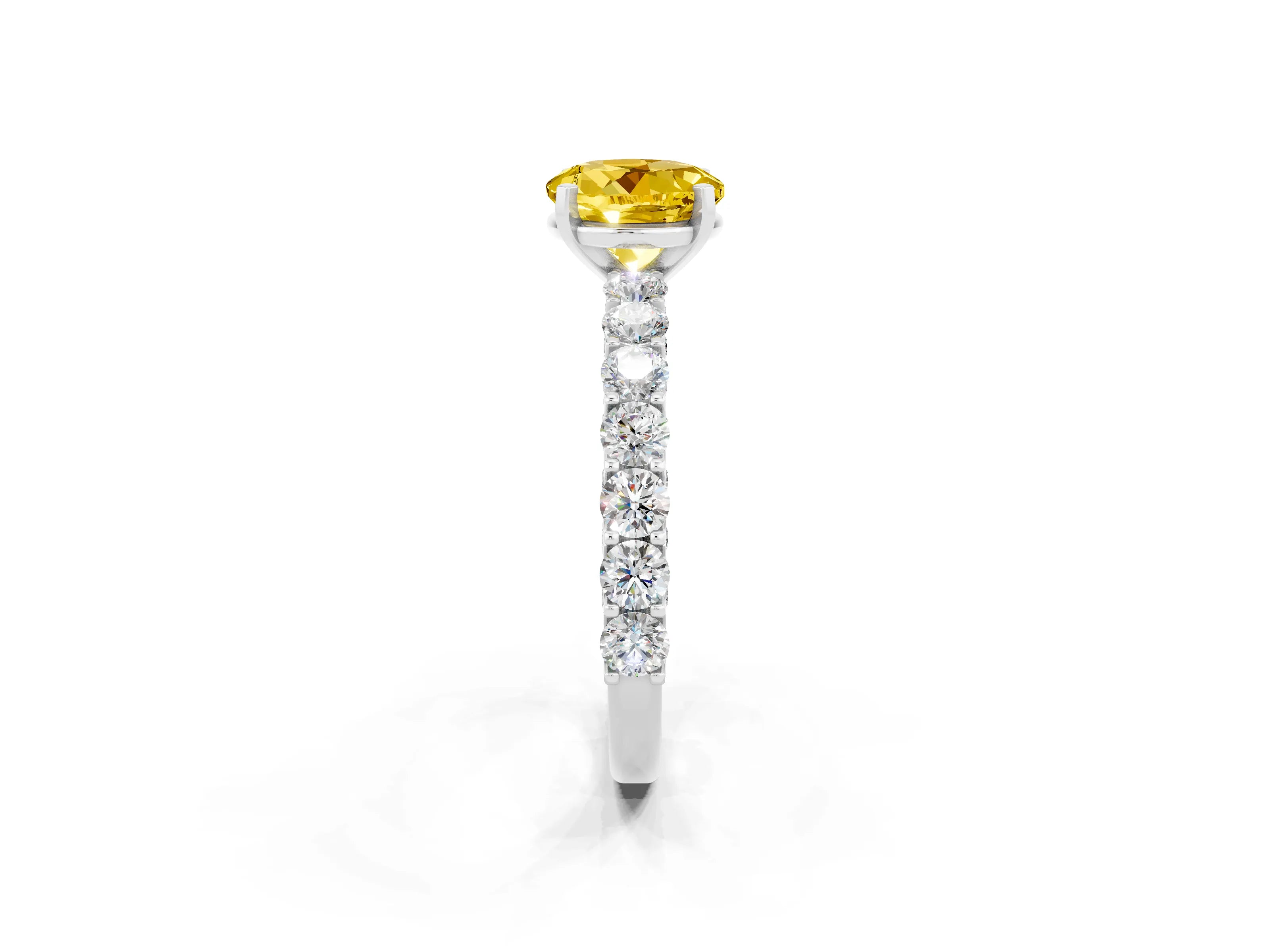 White gold Round Cut Yellow Sapphire Solitaire Ring with Shared Prong Pavé Band and Four-Prong Setting_2