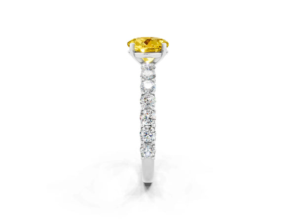 White gold Round Cut Yellow Sapphire Solitaire Ring with Shared Prong Pavé Band and Four-Prong Setting