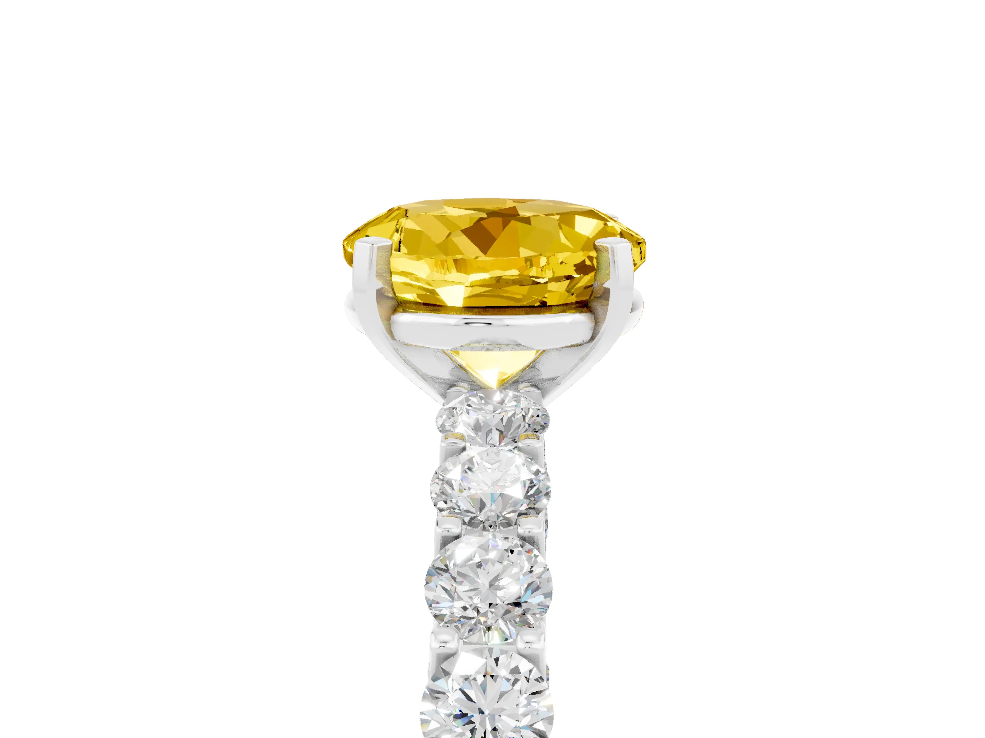 White gold Round Cut Yellow Sapphire Solitaire Ring with Shared Prong Pavé Band and Four-Prong Setting_5